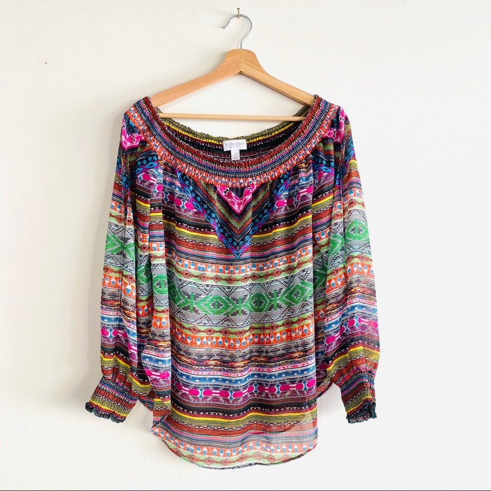 Vintage Bisou Bisou Michele Bohbot Sheer Boho Printed Blouse Top Scoop Neck L